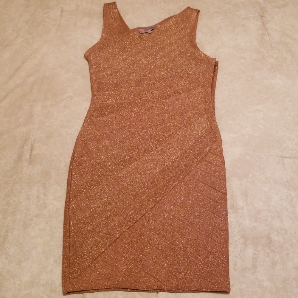 Stretta bronze metallic form fitting dress